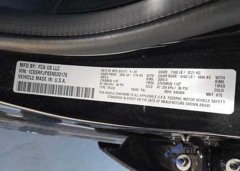 2025 Ram 1500 Laramie 4X4 5'7 Box from USA, damaged, VIN 1C6SRFJP8SN530176